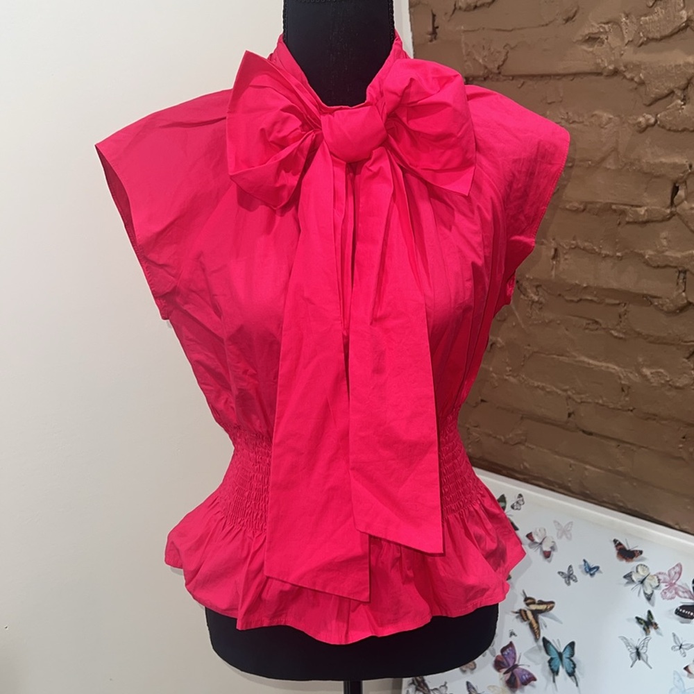 Zara Hot Pink Bow Neck Cap Sleeve Blouse